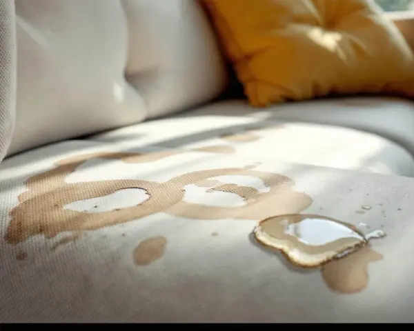 Une tache auréole sur le tissu d'un canapé beige, avec une flaque de liquide brun clair.