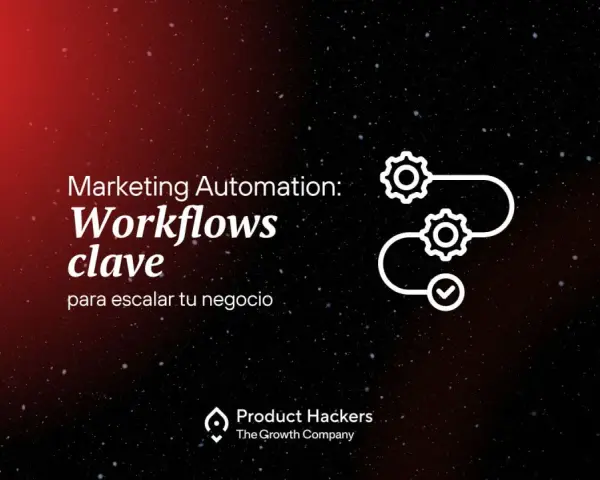 Marketing Automation: Workflows clave para escalar tu negocio. Icono de engranajes y checkmark.