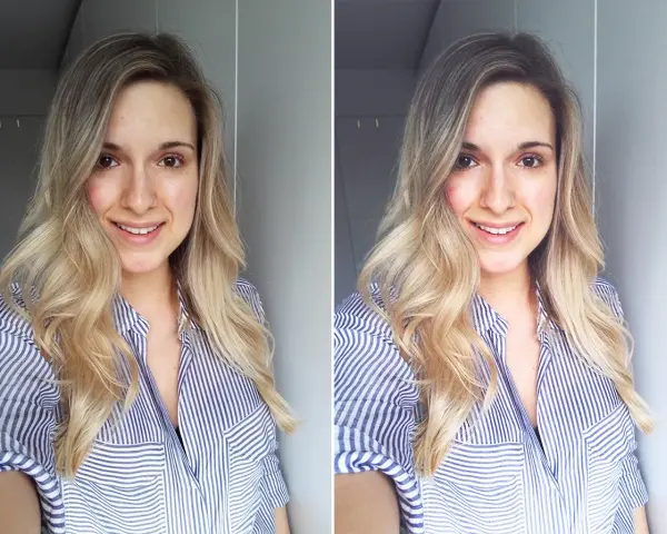 Uśmiechnięta blondynka w paski, pokazująca jak zrobić idealne selfie. Dwa ujęcia tej samej dziewczyny, lekko różniące się kątem.