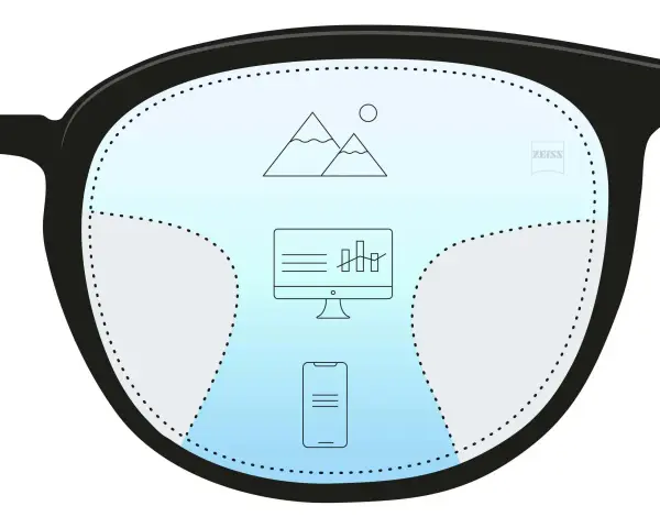 Okulary z soczewkami Zeiss pokazują góry, monitor i smartfon.