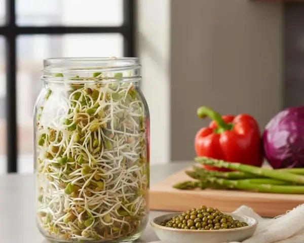 Un bocal rempli de pousses de haricots mungo, parfaites pour savoir quelles graines faire germer pour manger. Légumes frais en arrière-plan.