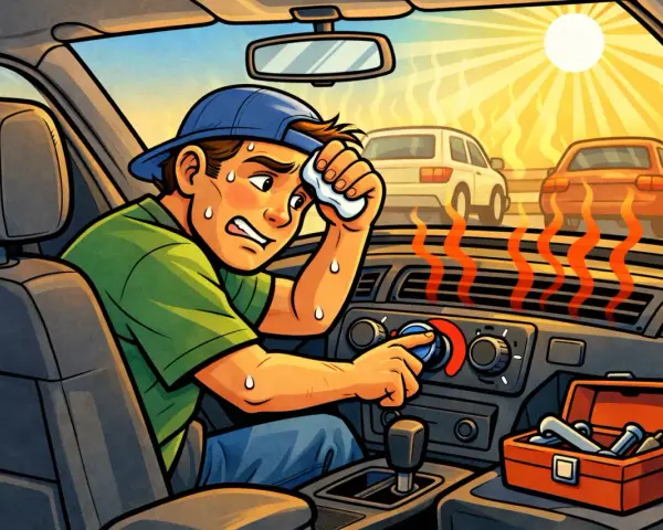 Sweaty man in a hot car, trying to fix the car AC not blowing cold air. Heat waves rise from the vents.