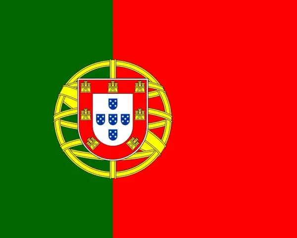 Flaga Portugalii z zielono-czerwonym podziałem i tarczą herbową z zamkami i tarczkami z pięcioma niebieskimi tarczkami.