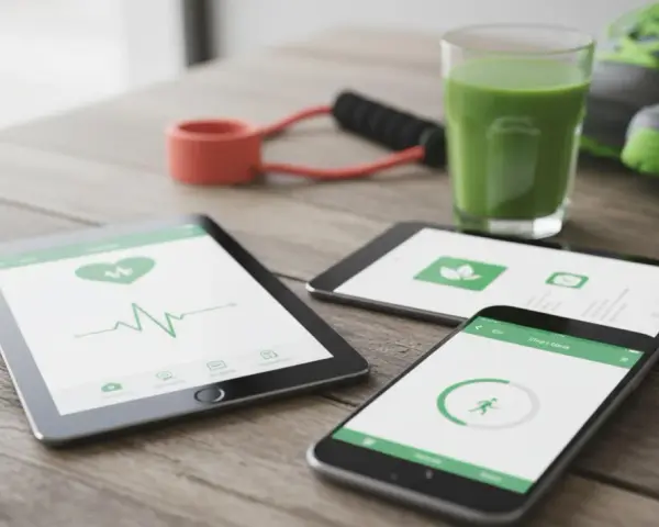 Na stole leżą tablet i smartfon z aplikacją do uzależnień, pokazującą puls i aktywność. Obok zielony koktajl, gumy do ćwiczeń i buty sportowe.