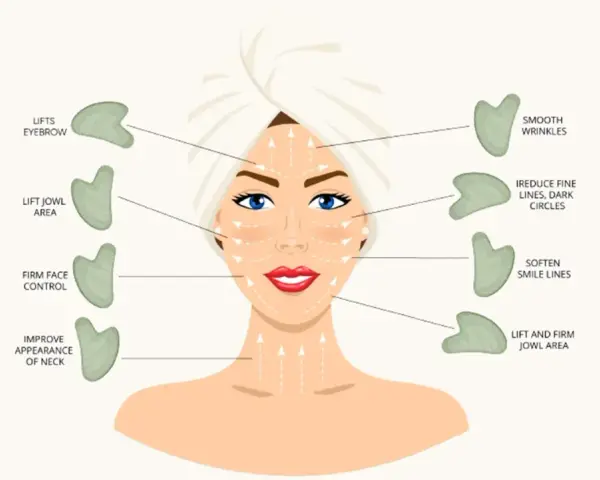 Gua sha wirkung: Illustration zeigt, wie Gua Sha die Augenbrauen hebt, Falten glättet und die Kieferpartie strafft.