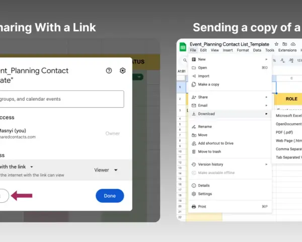 Udostępnianie arkusza kalkulacyjnego google excel przez link lub wysyłanie kopii.