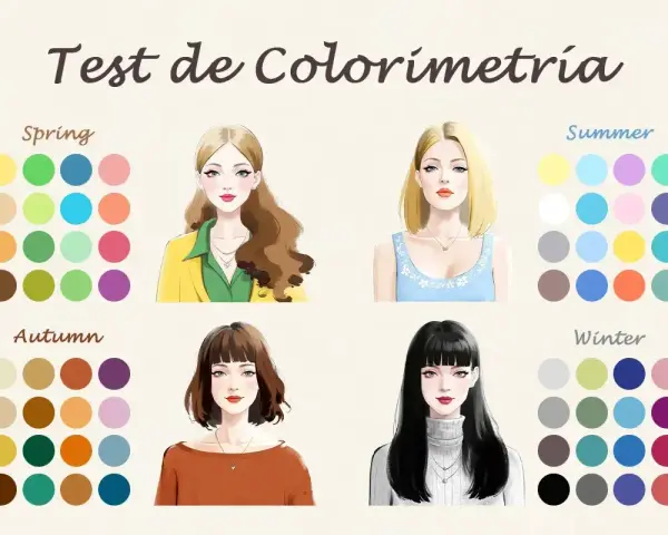 Test de colorimetría con paletas de colores para cada color season: Primavera, Verano, Otoño e Invierno.