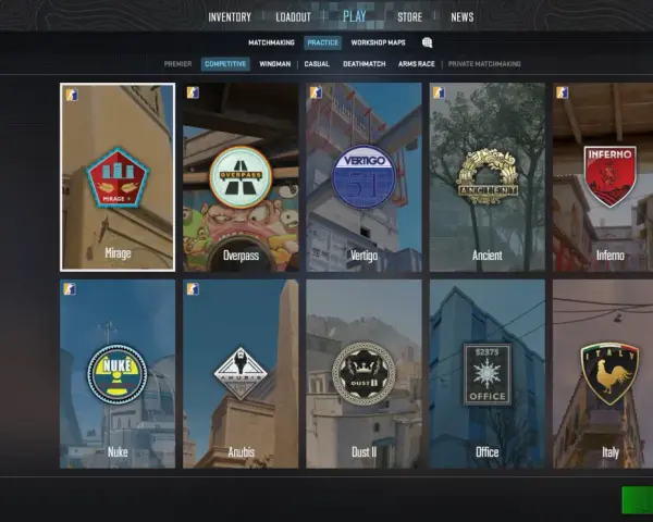 Pantalla de selección de mapas de CS:GO. Elige entre Mirage, Overpass, Vertigo, Ancient, Inferno, Nuke, Anubis, Dust II, Office o Italy para tus comandos.