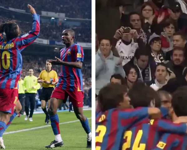 Ronaldinho i Eto'o świętują bramkę w El Clásico 2005. Kibice Realu Madryt w tle.