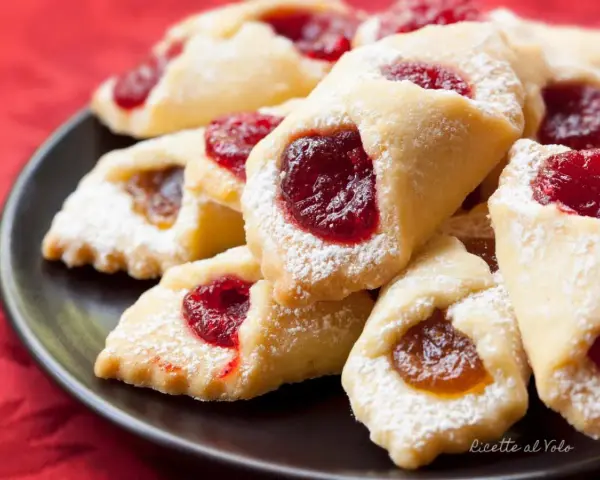 Ciastka kruche con ripieno di marmellata, spolverati di zucchero a velo, su un piatto scuro.