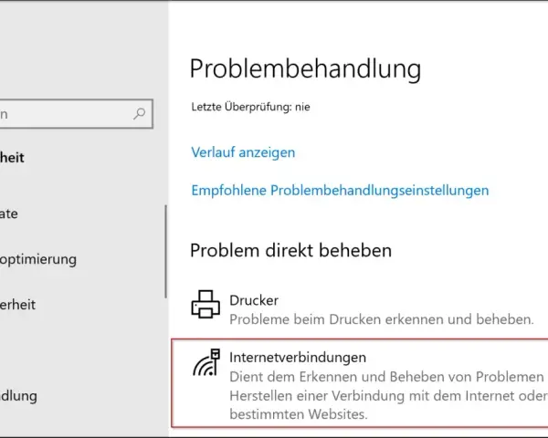 Windows 10 Einstellungen: Problembehandlung, Internetverbindungen auswählen.