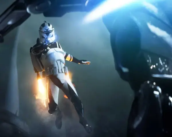 Żołnierz klonów w powietrzu, strzelający z blastera. Intensywna akcja w stylu Star Wars Battlefront 3.