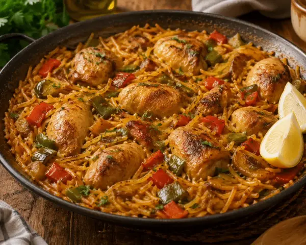 Fideuà de pollo en paellera, con trozos de pimiento rojo y verde, y gajos de limón.