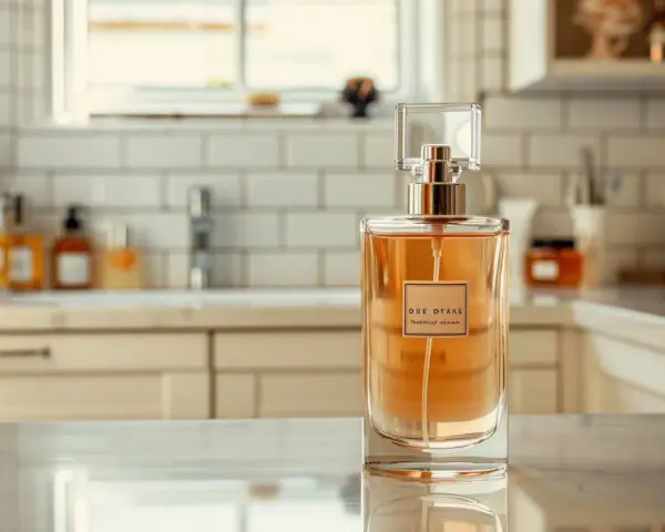 Eine Glasflasche mit bernsteinfarbener Flüssigkeit und einem rechteckigen Etikett steht auf einer Marmoroberfläche.