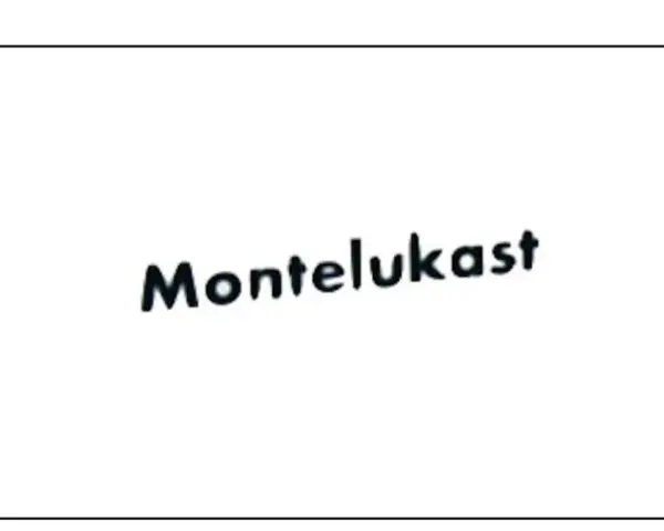 Napis "Montelukast" w kolorze czarnym, lekko pochylony, na białym tle.