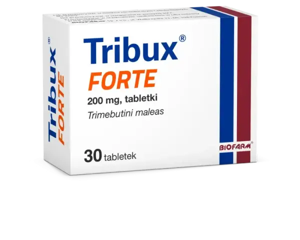 Opakowanie leku Tribux Forte 200 mg, zawierające 30 tabletek z trimebutyny maleinianem. Pomocne w problemach z ircolon.