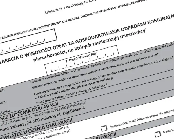 Deklaracja o wysokości opłat za gospodarowanie odpadami komunalnymi, niezbędna do prawidłowego rozliczenia wywozu śmieci.