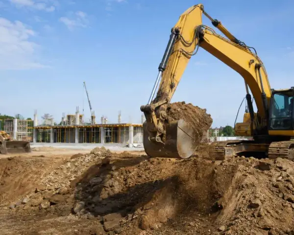 Pelleteuse jaune en action, modifiant le niveau du terrain naturel sur un chantier. Une chargeuse et une grue sont visibles en arrière-plan.