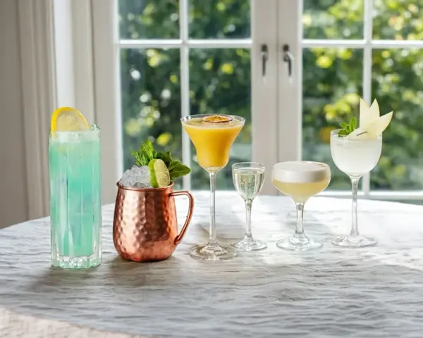 Fem olika vodka drinkar, från en blå long drink till en gyllene passionfruktscocktail och en vit äppeldryck, står uppradade på ett dukat bord.