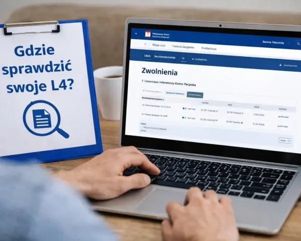 Clipboard z napisem "Gdzie sprawdzić swoje L4?" obok laptopa z widocznym panelem "Zwolnienia".