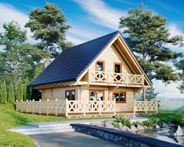 Piękny dom z bali w otoczeniu drzew. Zastanawiasz się, ile kosztuje postawienie domu z bali? Ten uroczy domek może być inspiracją.