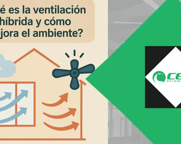 Ilustración de una casa con flechas indicando flujo de aire y un ventilador, explicando la **ventilación hibrida**. Logo de CEM Automatismos.
