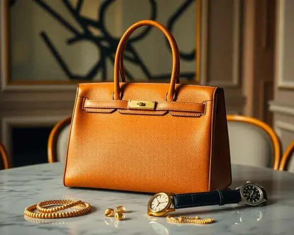 Un articolo di Hermès: borsa arancione in pelle, orologio, bracciale d'oro e orecchini su un tavolo di marmo.