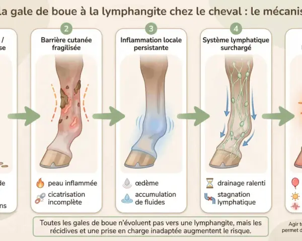 Schéma expliquant le passage de la gale de boue à la lymphangite chez le cheval : peau humide, inflammation, œdème, stagnation lymphatique, puis gonflement et douleur.