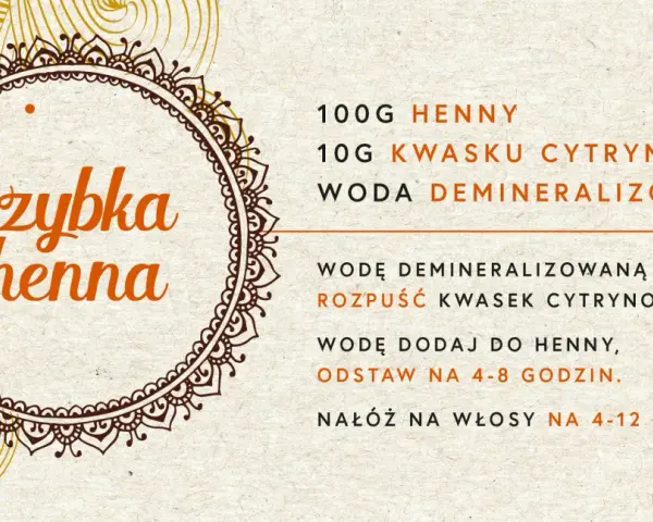 Instrukcja przygotowania henny: 100g henny, 10g kwasku cytrynowego, woda demineralizowana. Ile wody do henny? Podgrzej wodę, rozpuść kwasek, dodaj do henny.