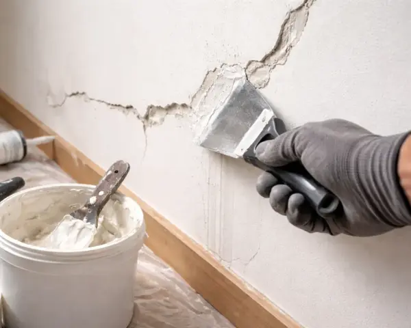 Ręka w rękawicy nakłada masę szpachlową na pęknięcia w tynku. Obok stoi wiadro z masą i narzędzia do naprawy.