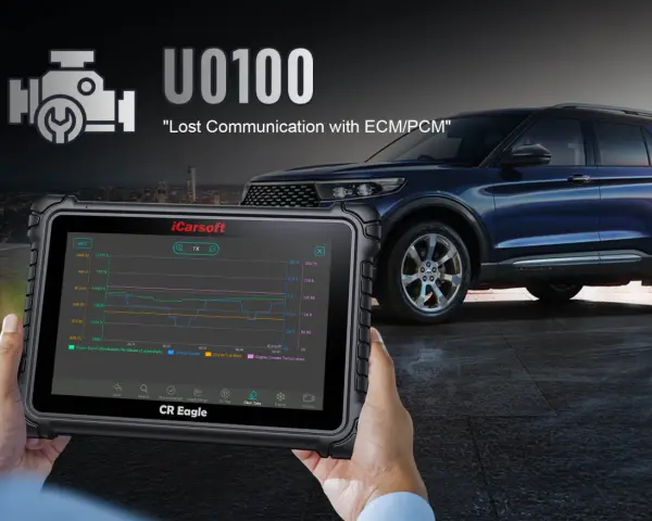 Diagnosing a U0100 code, "Lost Communication with ECM/PCM," with a diagnostic tablet showing engine data graphs.