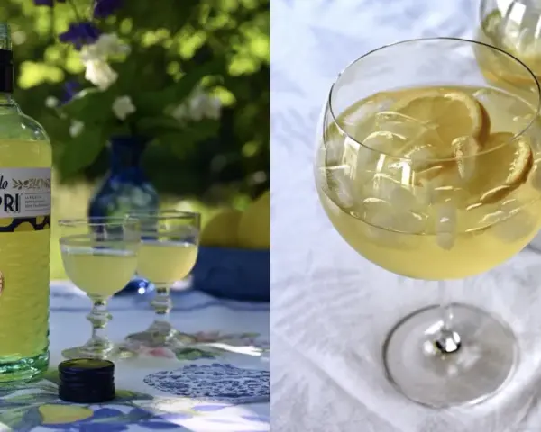 En flaska Limoncello Di Capri står bredvid två glas med drinken. En annan bild visar två glas med is och citron, en perfekt limoncello spritz.