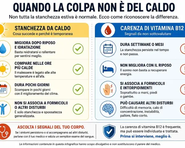 Stanchezza estiva: differenze tra colpi di calore e carenza di vitamina B12, che può causare disturbi persistenti.