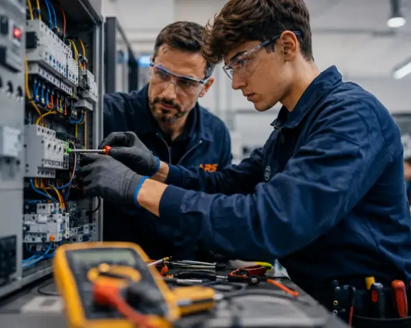Giovane apprendista impara i segreti dei **corsi per elettricisti** con un esperto, lavorando su un quadro elettrico complesso.