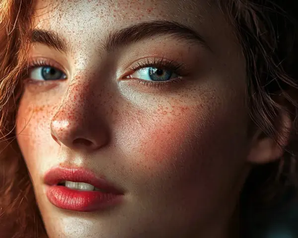 Portrait d'une rousse aux yeux bleus, peau parsemée de taches de rousseur. La **frequency separation** révèle la texture fine de sa peau.
