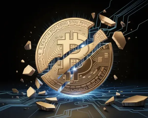 Złoty symbol Bitcoina rozpadający się na kawałki na tle cyfrowych obwodów.