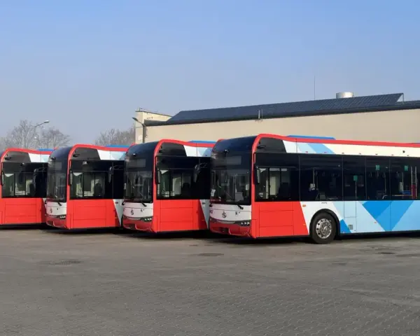Rzędy czerwonych autobusów z kolorowymi wzorami czekają na swój z1 rozkład jazdy.