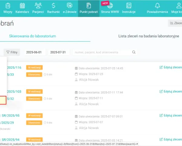 Widok listy skierowań do laboratorium, z zaznaczoną opcją "W realizacji". Widoczne są dane zleceń i pacjentów.