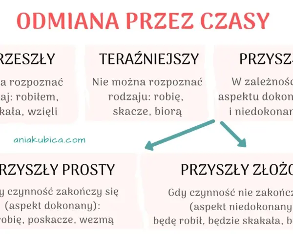 Diagram wyjaśnia odmianę czasownika przez czasy: przeszły, teraźniejszy i przyszły (prosty i złożony), z przykładami.