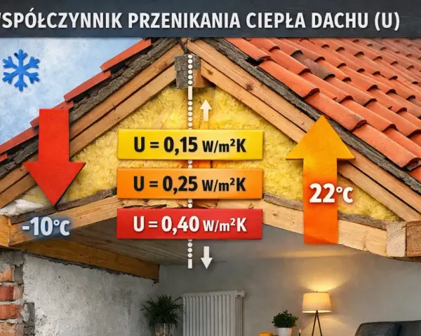 Przekrój dachu pokazuje izolację i jej wpływ na współczynnik przenikania ciepła (U). Różne wartości U (0,15, 0,25, 0,40 W/m²K) ilustrują straty ciepła.