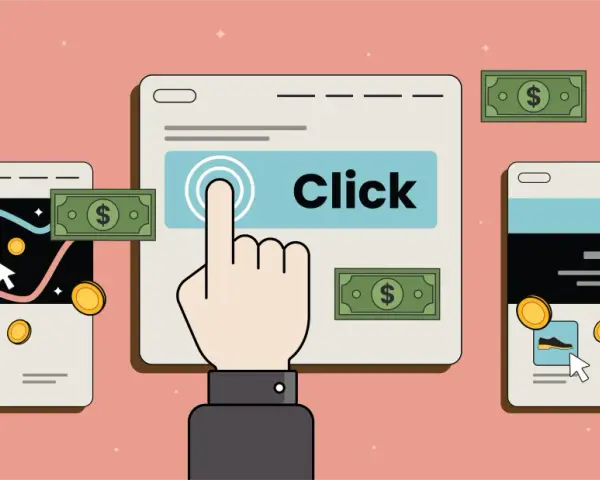 Kliknięcie przycisku "Click" na ekranie symbolizuje, co to jest PPC – płatność za kliknięcie, generującą zyski.
