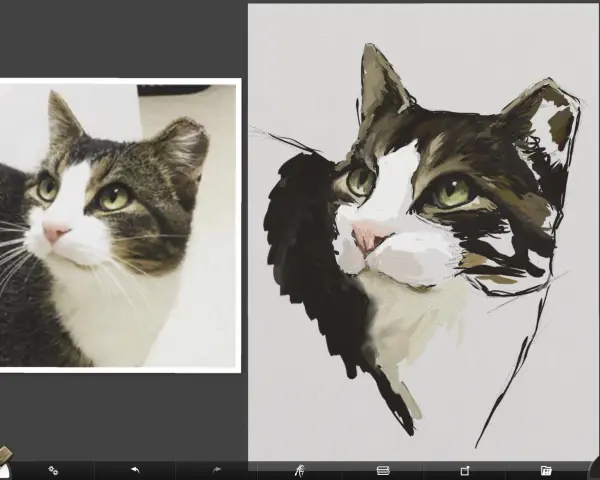 En konstnär försöker måla katt, med en bild av en katt till vänster och en pågående målning till höger.