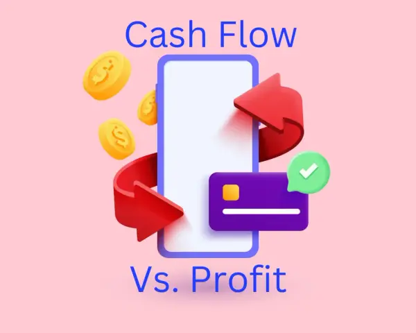 Illustration showing coins, a smartphone, a credit card, and arrows, representing the concept of cash flow vs. profit.
