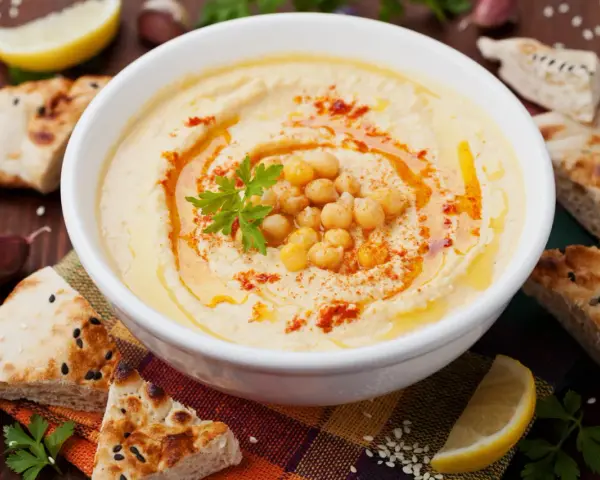 Un bol de houmous maison, garni de pois chiches, de persil et de paprika, servi avec du pain pita, du citron et de l'ail.