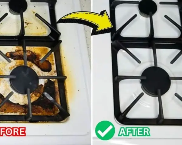 Before and after comparison showing how to clean stove top. The left side is dirty, the right side is sparkling clean.