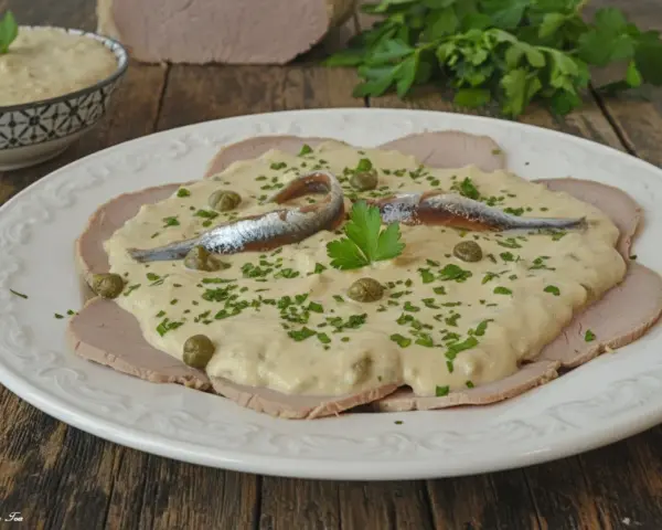 Vitello tonnato veloce: fettine di arrosto di vitello con salsa tonnata, capperi, acciughe e prezzemolo tritato.