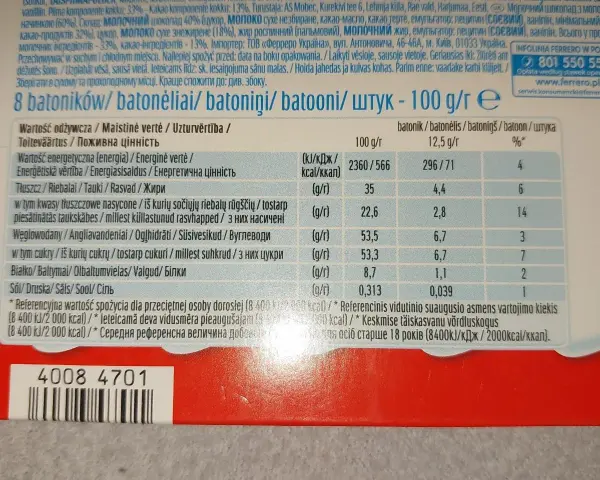 8 batoników Kinder o wadze 100g, każdy batonik to 12,5g. Sprawdź kalorie i skład.