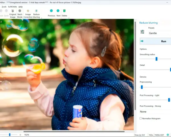 Dziewczynka dmucha bańki. Program Easy Photo Unblur pomaga jak wyostrzyć zdjęcie, oferując opcje redukcji rozmycia i poprawy detali.
