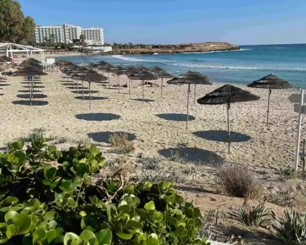 Puste cypr plaże z rzędami parasoli i hotel w tle. Słońce rzuca długie cienie na piasek.