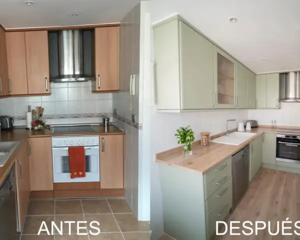 Cocina antes y después: un cambio radical. Muebles de madera a verdes pastel, encimeras y electrodomésticos renovados. ¡Un antes y después que inspira a tunear cocinas!